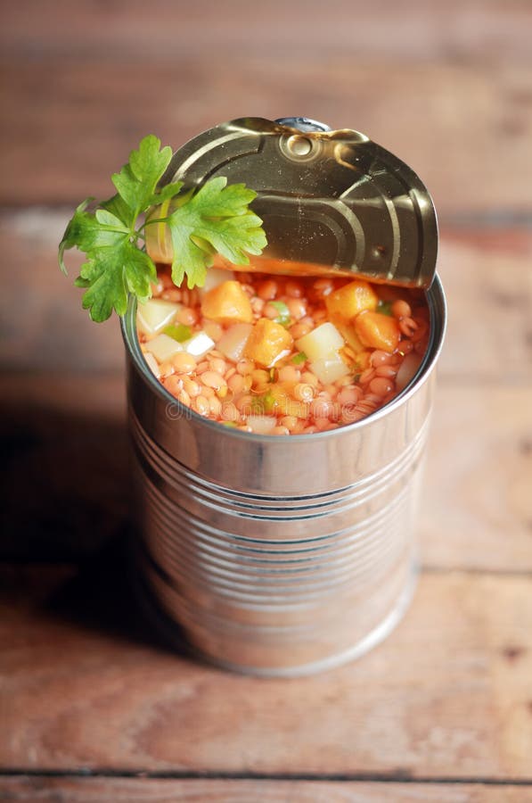 Opened can of lentil vegetable soup