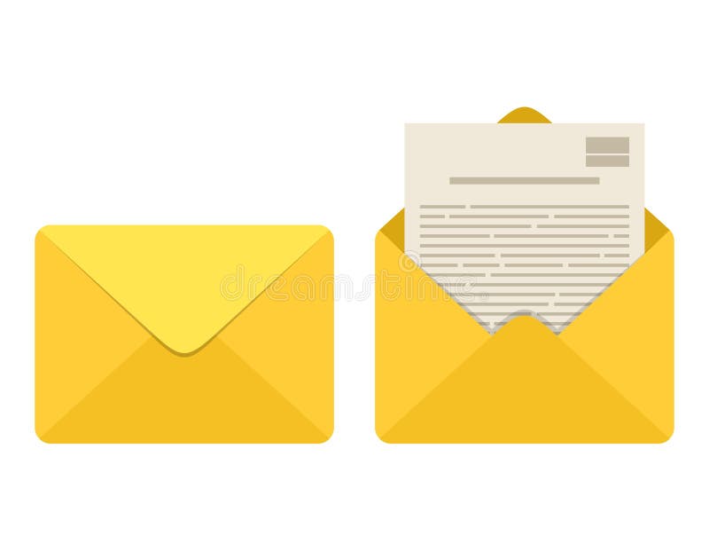 Opened and closed envelope with note paper card isolated on white background. Mail icon. Emailing and communication stock illustration