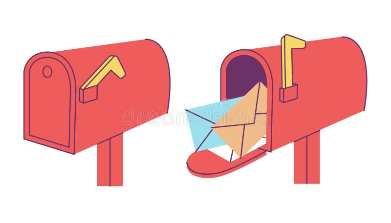 Cutie poștală închisă deschisă. cutie poștală cu plicuri și litere diferite. cutie poștală cu ușă deschisă care se suprapune peste stock illustration