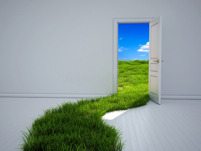 Opened door and grass path