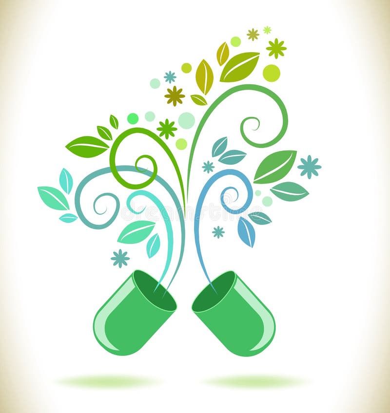 Opened green color pill with leaf royalty free illustration Opened green color pill with leaf royalty free illustration