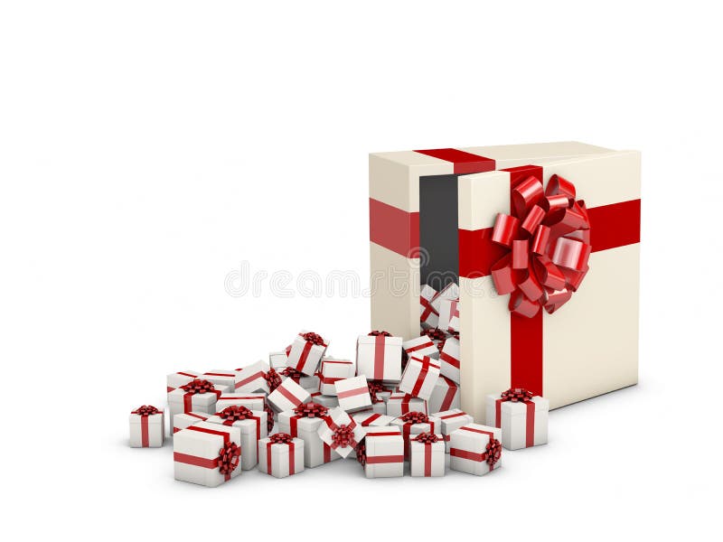 Opened Realistic Gift Box with Red Bow with Small Gift Boxes. 3d