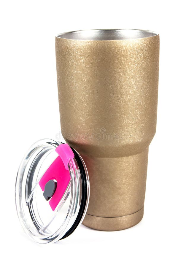 Opened Insulation Steel Mug with Plastic Cover Isolated on White