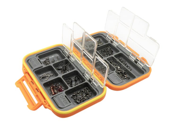 Opened Tackle Box with Fishing Hooks and Accessories. Fishing Hooks in Box  Sections. Case for Tackle Elements Stock Photo - Image of fish, active:  273048668