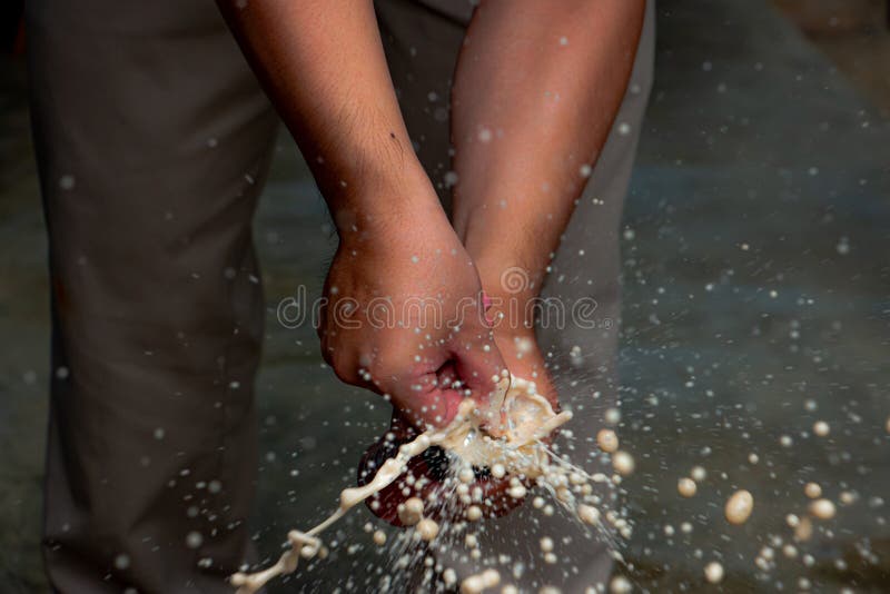 Opening a Beverage Canister with Sparkling Gas Bubbles. Stock Photo