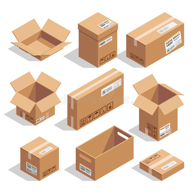 Opening and closed cardboard boxes. Isometric illustration set royalty free illustration