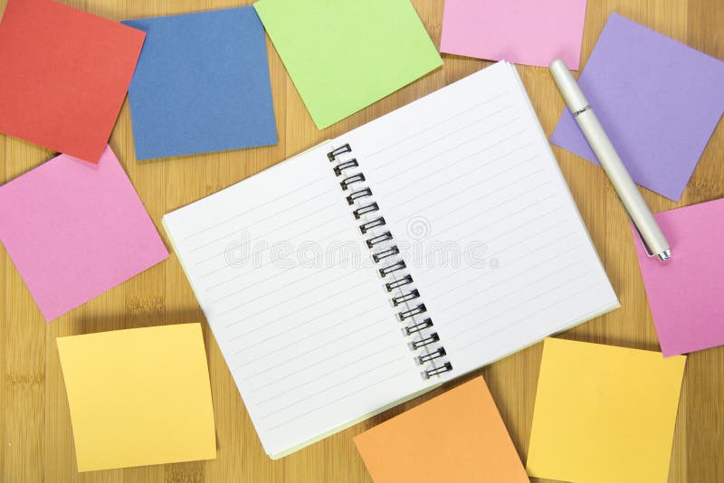 Opening Note Book and Paper Sticker Note on Desk Stock Photo Image of