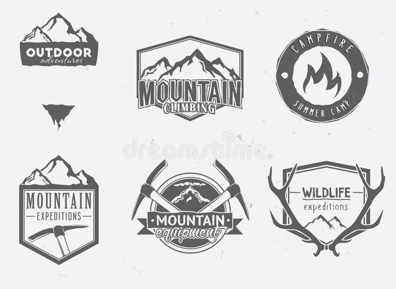 Outdoor adventures icons, wildlife badges, mountain exploration labels in vintage style. Deer antlers, mountains, ice-axes, campfire. Outdoor adventures icons, wildlife badges, mountain exploration labels in vintage style. Deer antlers, mountains, ice-axes, campfire.