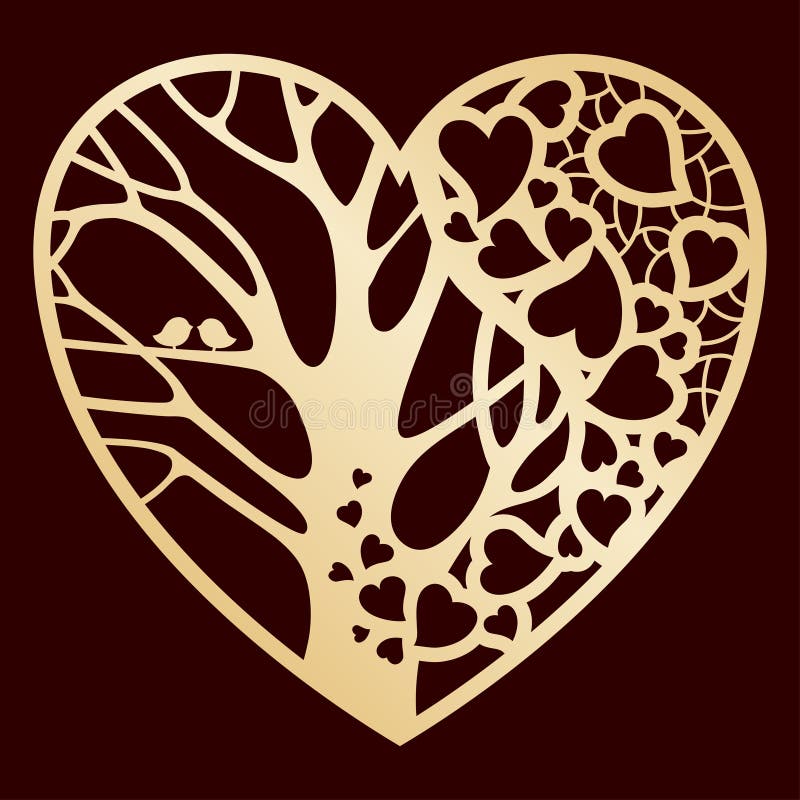 Openwork gouden hart met een binnen boom Laser knipsel of het foiling malplaatje stock illustratie Openwork gouden hart met een binnen boom Laser knipsel of het foiling malplaatje stock illustratie