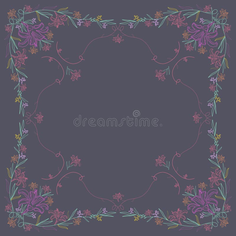 Openwork ornament in the square with color lilies. Vector illustration. royalty free illustration