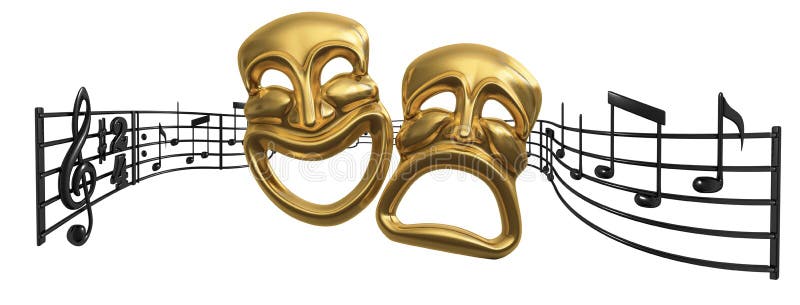Eine musikalische Partitur winken und biegen hinter kultige Komödie und Tragödie Theater Masken.