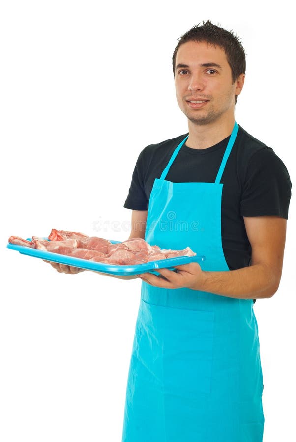 Operaio del mercato che tiene carne grezza fotografia stock libera da diritti Operaio del mercato che tiene carne grezza fotografia stock libera da diritti