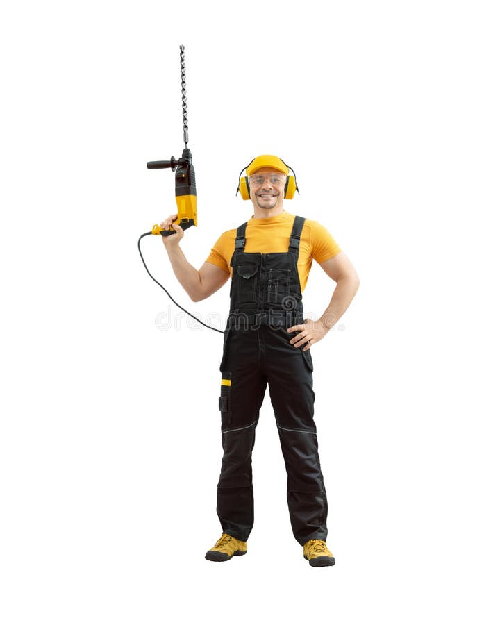 Operario handyman reparador o constructor con herramienta de construcción martillo perforador de percusión perforador imagen de archivo