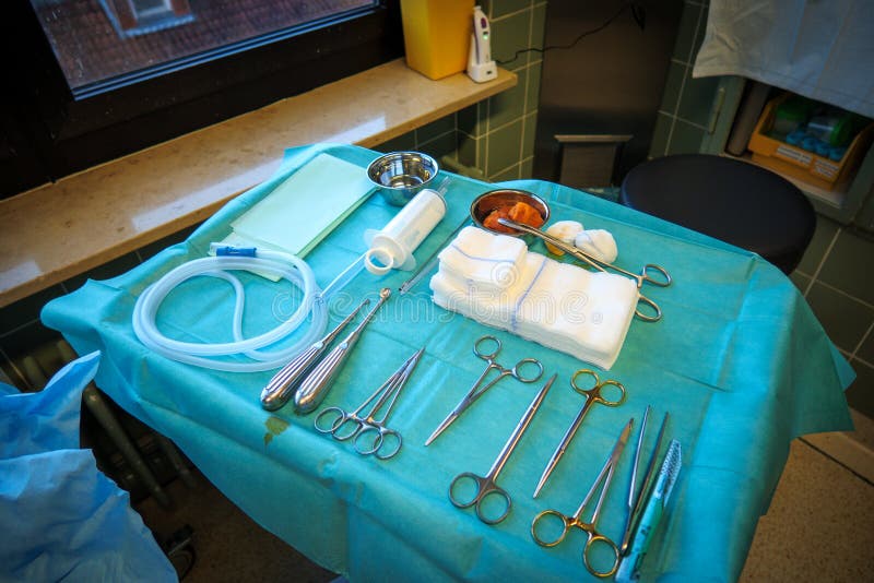 On an Operating Table are the Instruments for Hematoma Removal Stock