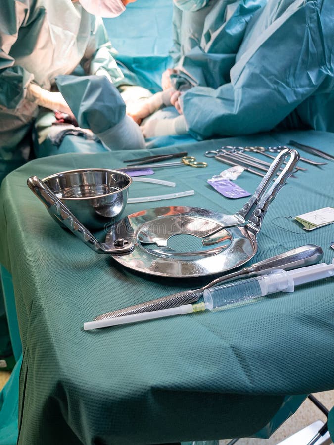 On the operating table are the instruments for performing a leg amputation stock image