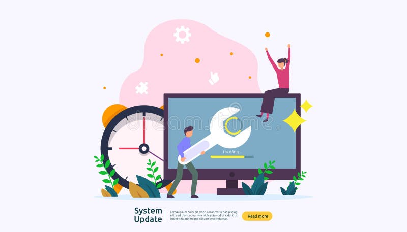 Operation system update progress concept. data synchronize process and installation program. illustration web landing page stock illustration