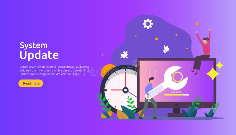 Operation system update progress concept. data synchronize process and installation program. illustration web landing page vector illustration