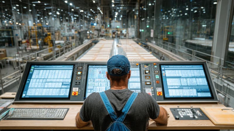 Operator Overseeing Production Line in Modern Manufacturing Facility stock illustration