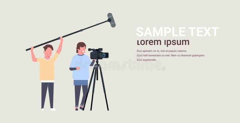 Operators using video camera on tripod holding microphone men working with professional equipment recording movie making film production concept horizontal copy space vector illustration. Operators vectors