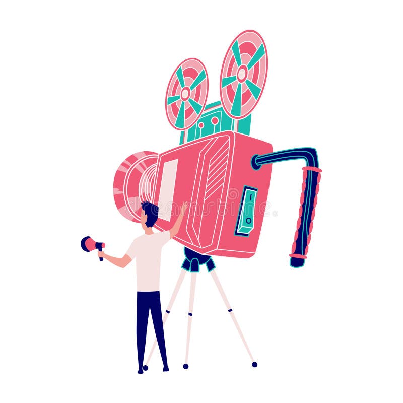 Operatör med kamera och horn. superhjältefilmer. Filmtagning och produktionsprocess. superhjältefilm som gör tecknad film vektor illustrationer