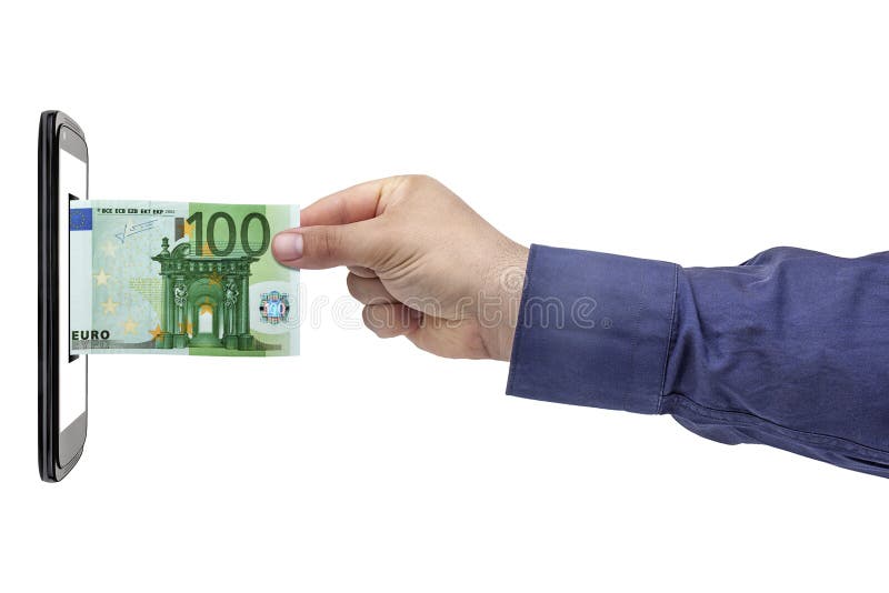 Operação bancária de Smartphone da mão da cédula do Euro isolada fotografia de stock Operação bancária de Smartphone da mão da cédula do Euro isolada fotografia de stock