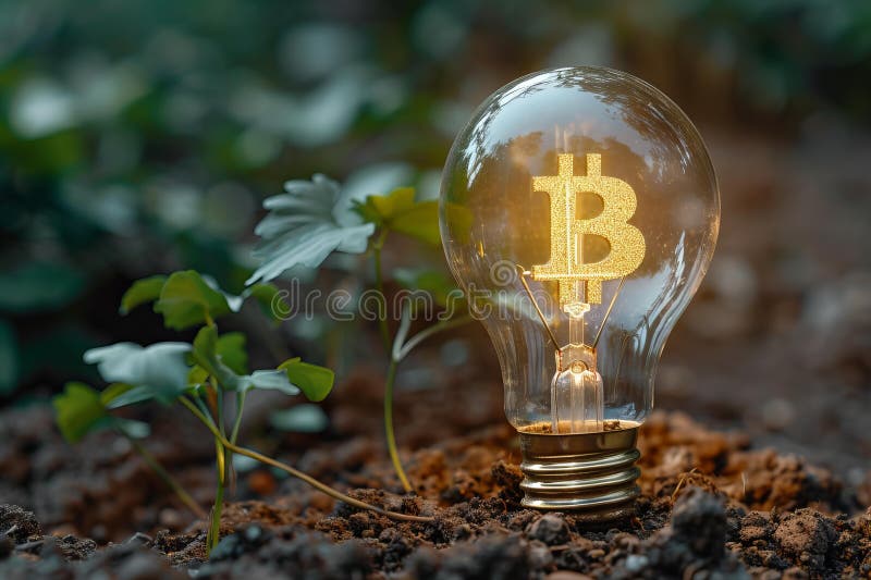 Opere de artă digitală a becului cu bitcoin auriu în interiorul solului și conceptul de energie durabilă în mediul natural royalty free illustration