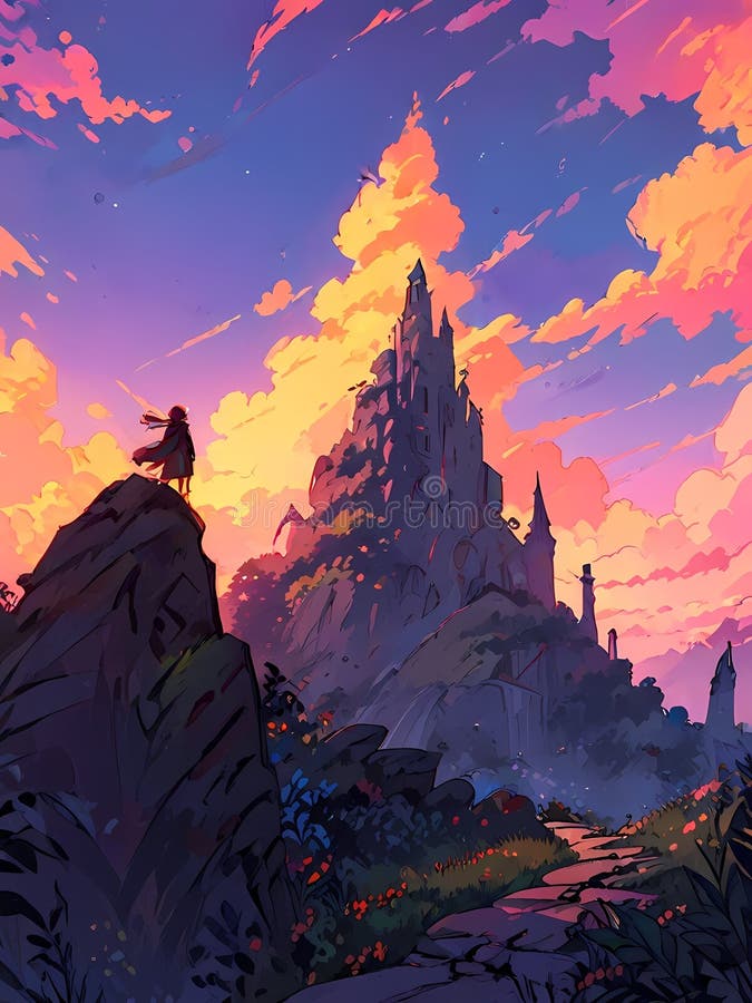 Opere di fantasia digitali di un tramonto vivace su un maestoso paesaggio montano. illustrazione di stock