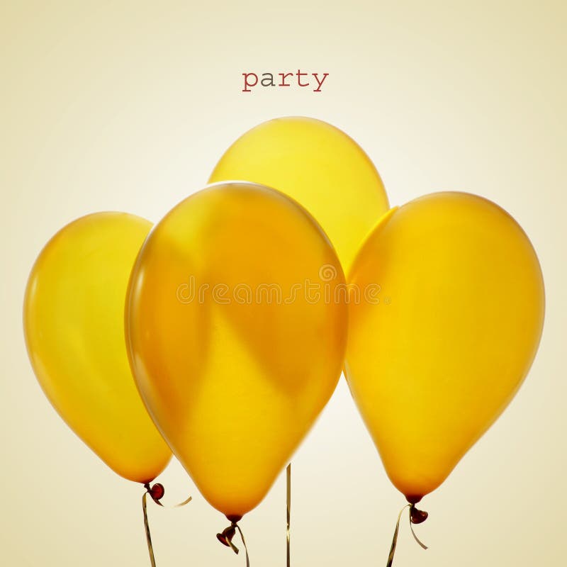 Opgeblazen gouden ballons en woordpartij, met een retro effect stock afbeelding Opgeblazen gouden ballons en woordpartij, met een retro effect stock afbeelding