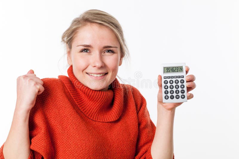 Opgewonden jonge blonde vrouw met symbool van economische onafhankelijkheid stock fotografie Opgewonden jonge blonde vrouw met symbool van economische onafhankelijkheid stock fotografie