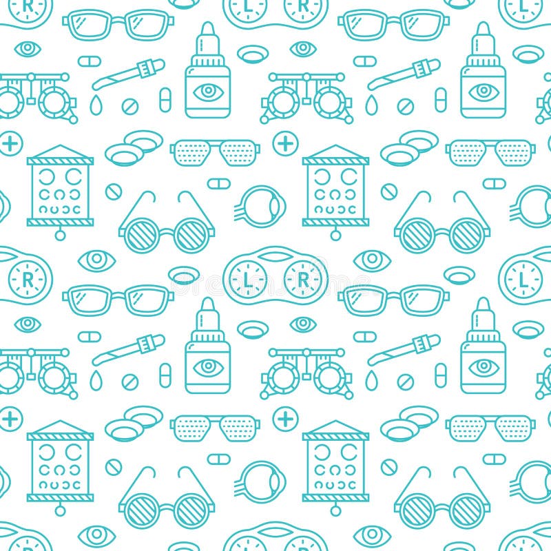 Ophthalmology, eyes health care seamless pattern, medical vector blue background. Optometry equipment, contact lenses royalty free illustration Ophthalmology, eyes health care seamless pattern, medical vector blue background. Optometry equipment, contact lenses royalty free illustration