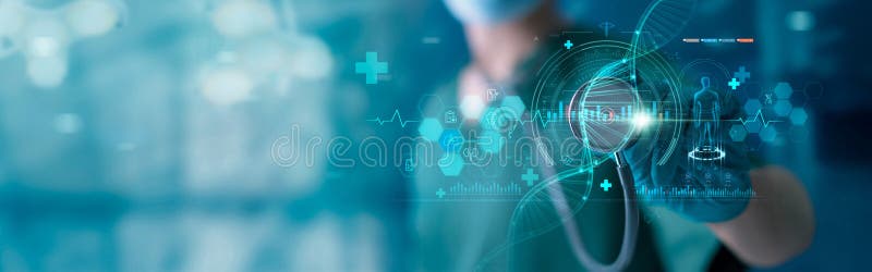 Opieka zdrowotna i medycyna. lekarz i stetoskop dotykający dna ikony oraz cyfrową opiekę zdrowotną i diagnostykę medyczną pacjenta zdjęcia stock
