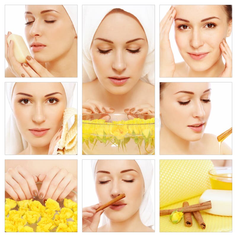 Collage with young beautiful happy healthy woman having spa treatment. Beauty, hygiene and skin care. Collage with young beautiful happy healthy woman having spa treatment. Beauty, hygiene and skin care