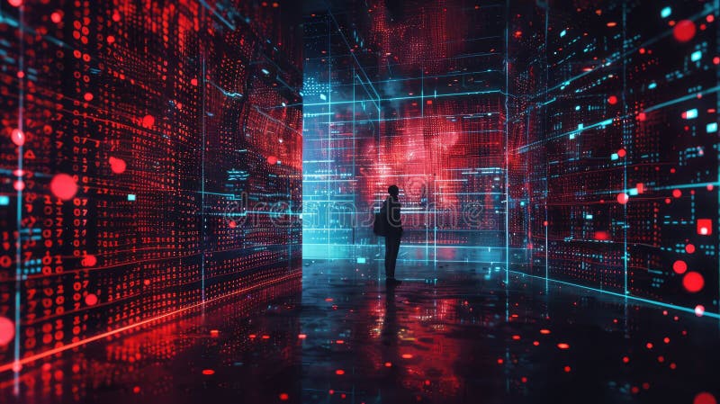 Opiekun cyfrowy : żeglowanie w przyszłość cyberbezpieczeństwa mężczyzna stoi przed świecącym niebieskim kołem obrazy royalty free