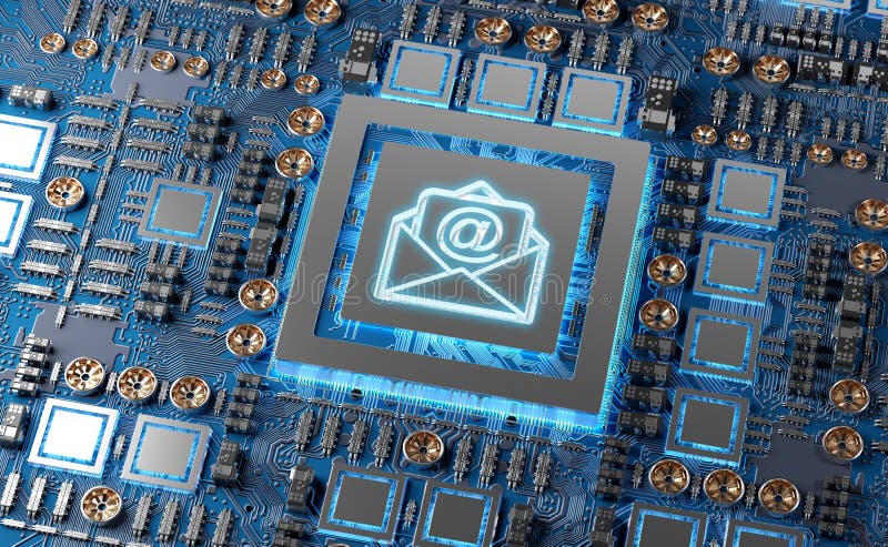 Opini?n del primer de una tarjeta moderna de GPU con la representaci?n del icono 3D del correo electr?nico stock de ilustración Opini?n del primer de una tarjeta moderna de GPU con la representaci?n del icono 3D del correo electr?nico stock de ilustración