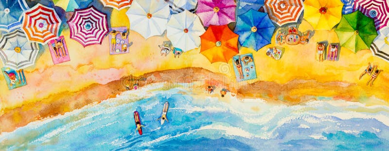 Opini?o superior de pintura do seascape da aquarela colorida do tavel da fam?lia ilustração royalty free Opini?o superior de pintura do seascape da aquarela colorida do tavel da fam?lia ilustração royalty free