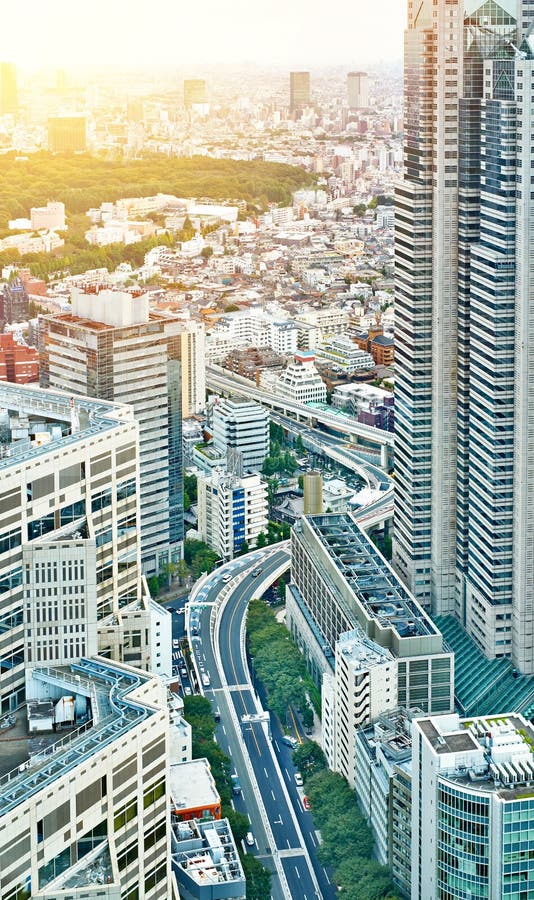 Opinião aérea do olho moderno vertical do pássaro da construção da arquitetura da cidade sob o céu brilhante azul do nascer do so imagem de stock Opinião aérea do olho moderno vertical do pássaro da construção da arquitetura da cidade sob o céu brilhante azul do nascer do so imagem de stock