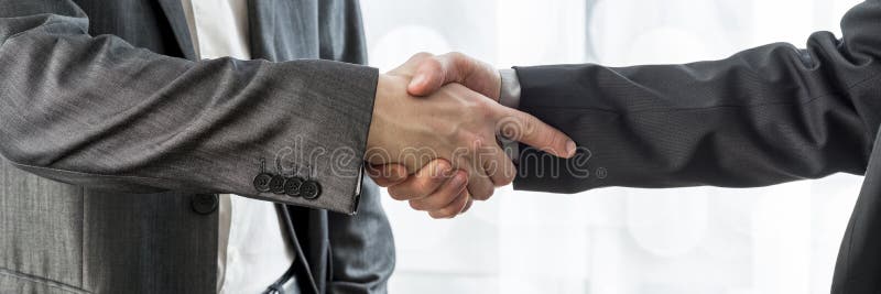 Opinião colhida larga dois homens de negócios que agitam as mãos imagens de stock royalty free Opinião colhida larga dois homens de negócios que agitam as mãos imagens de stock royalty free