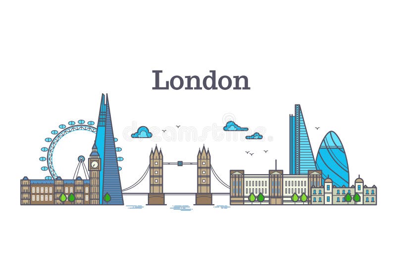 Opinião da cidade de Londres, skyline urbana com construções, ilustração lisa moderna do vetor dos marcos de Europa ilustração stock Opinião da cidade de Londres, skyline urbana com construções, ilustração lisa moderna do vetor dos marcos de Europa ilustração stock