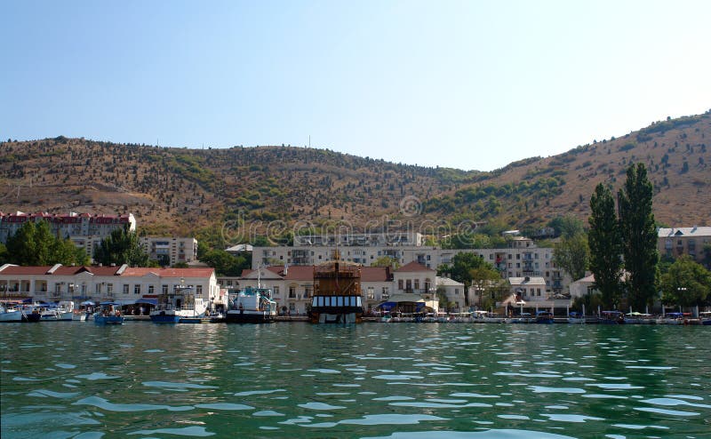 Views of the city from the water. Embankment in Balaclava. The Bay and the mountains. Crimea. Views of the city from the water. Embankment in Balaclava. The Bay and the mountains. Crimea.