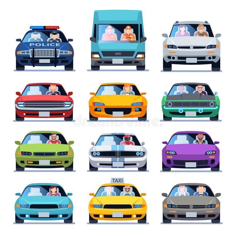 Car front view. Auto automotive people man woman child family urban drivers traffic vehicles driving cars set flat vector set. Car front view. Auto automotive people man woman child family urban drivers traffic vehicles driving cars set flat vector set