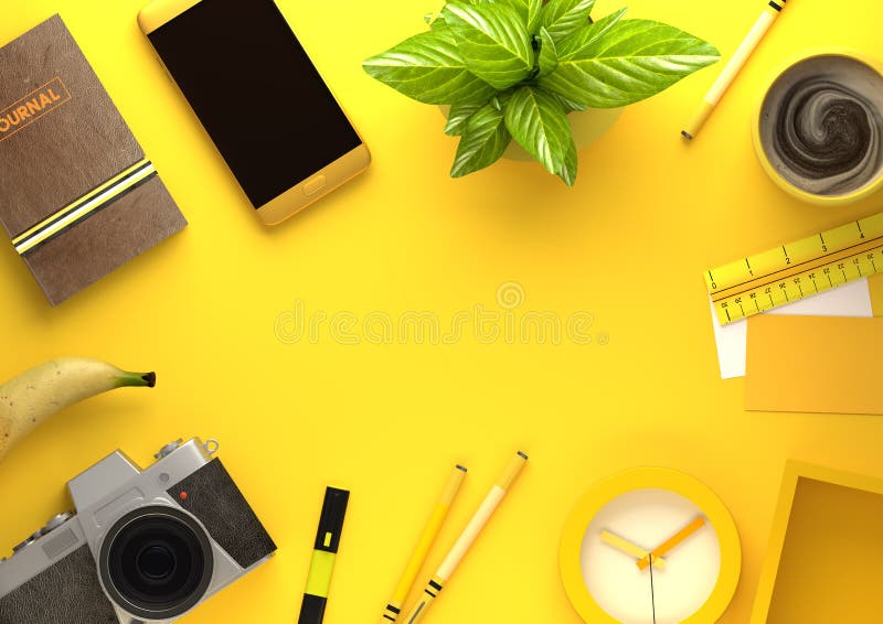 Opinião do Desktop do escritório com Business Objects no amarelo ilustração do vetor