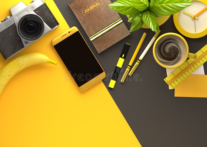 Opinião do Desktop do escritório com Business Objects no amarelo ilustração royalty free