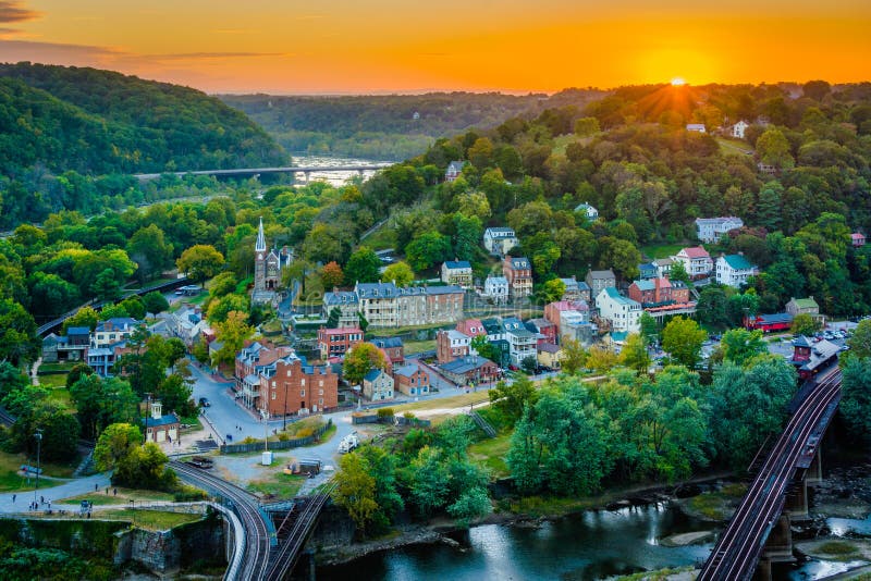 Sunset view of Harpers Ferry, West Virginia from Maryland Heights. Sunset view of Harpers Ferry, West Virginia from Maryland Heights.