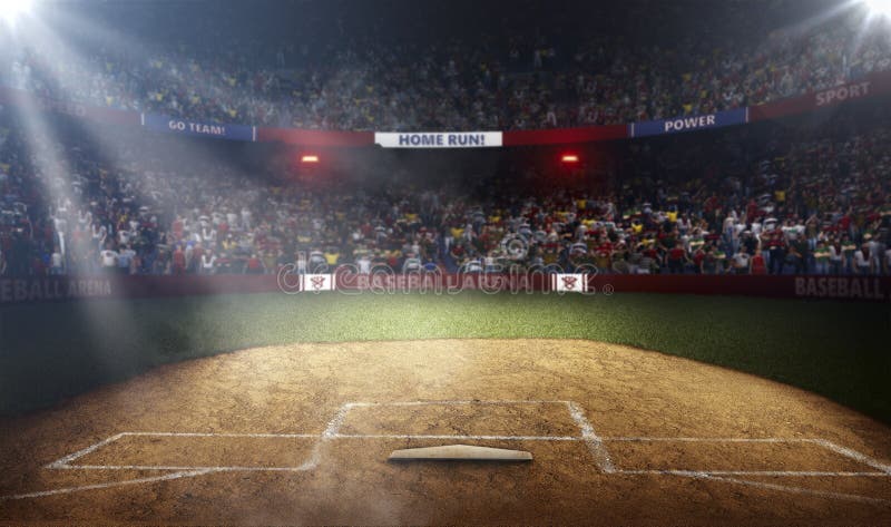 Opinião lateral da arena do basebol profissional nas luzes