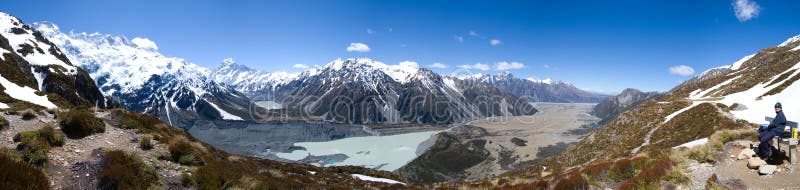 Panoramic or wide angle view of Mount Cook viewed from Sealy Tarns Track, South Island, New Zealand. Panoramic or wide angle view of Mount Cook viewed from Sealy Tarns Track, South Island, New Zealand.