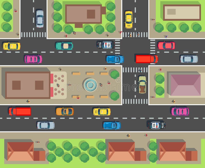 City top view. Building and street with cars and trucks. Urban traffic vector map. Illustration of street road traffic, transport and building. City top view. Building and street with cars and trucks. Urban traffic vector map. Illustration of street road traffic, transport and building