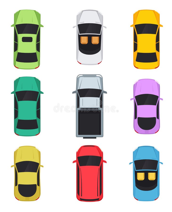 Cars top view on white background, convertible, sedan, pickup, minivan. Illustration. Cars top view on white background, convertible, sedan, pickup, minivan. Illustration