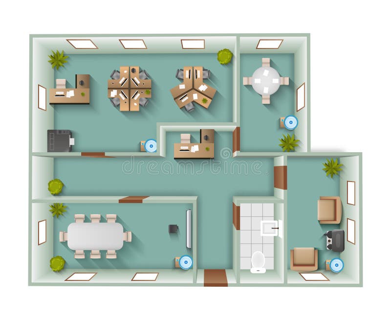Office interior project top view plan with reception and working space vector illustration. Office interior project top view plan with reception and working space vector illustration