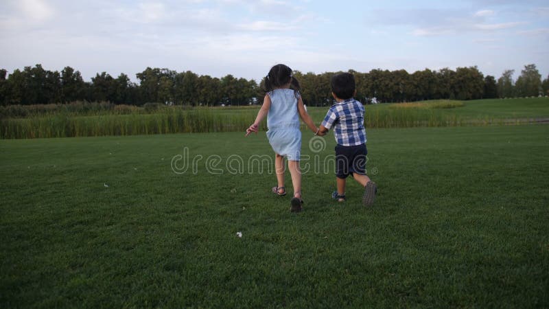 Opinião traseira dois irmãos que correm no parque do verão