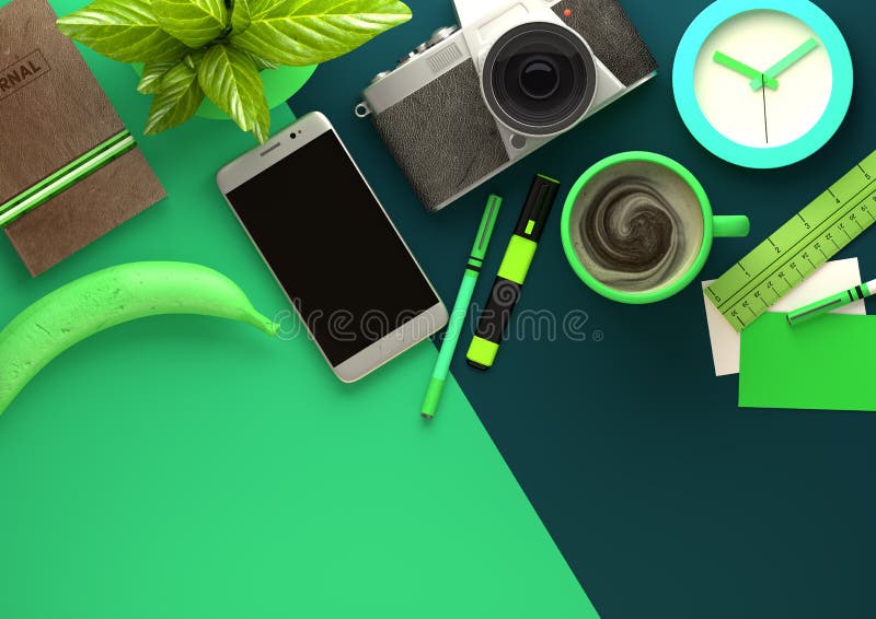 Vista de ambiente de trabalho num ambiente de secretária verde ilustração royalty free